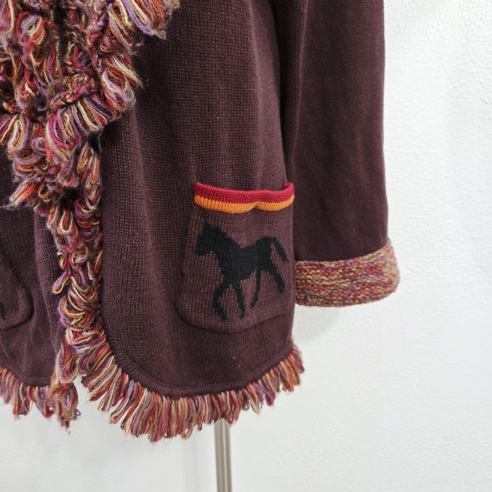 Storybook Knits Horse Cardigan Sweater Dark Brown Equestrian Fringe Plus Size 1X - Picture 3 of 5